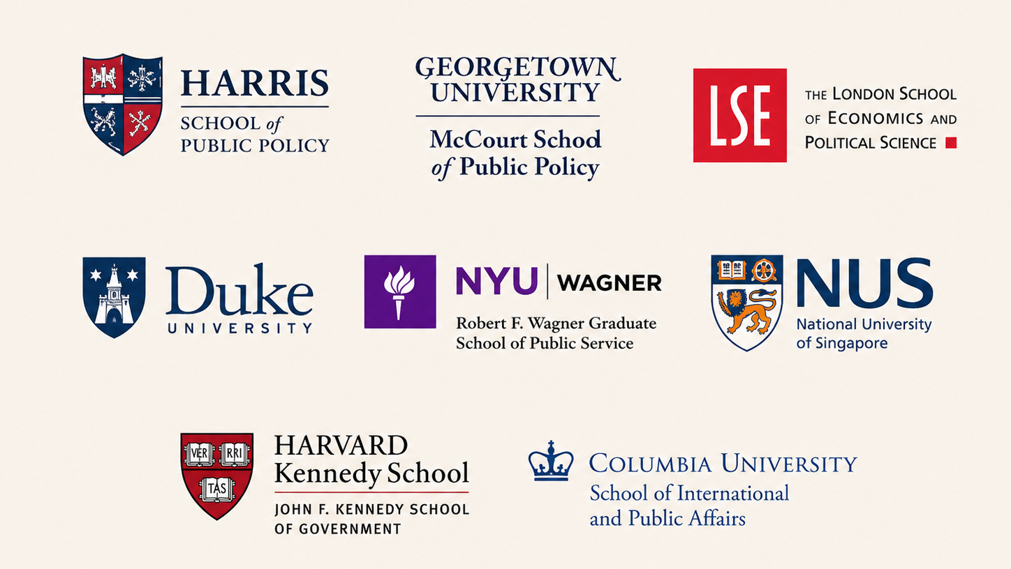 Harris School of Public Policy, Georgetown University McCourt School of Public Policy, London School of Economics, Duke university, NYU Wagner, National University of Singapore, Harvard Kennedy School and Columbia University
